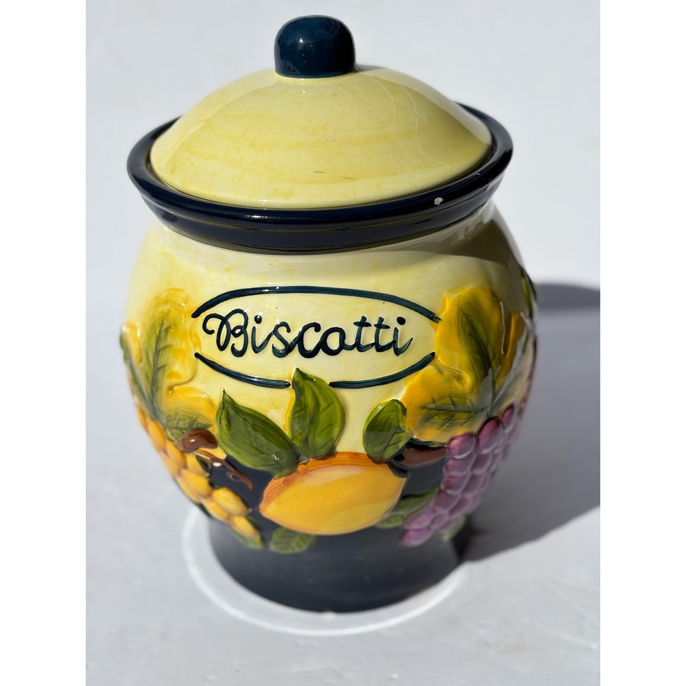 Nonnis Hand Painted Ceramic Biscotti Jar Embossed Fruit Yellow Navy Blue 10in